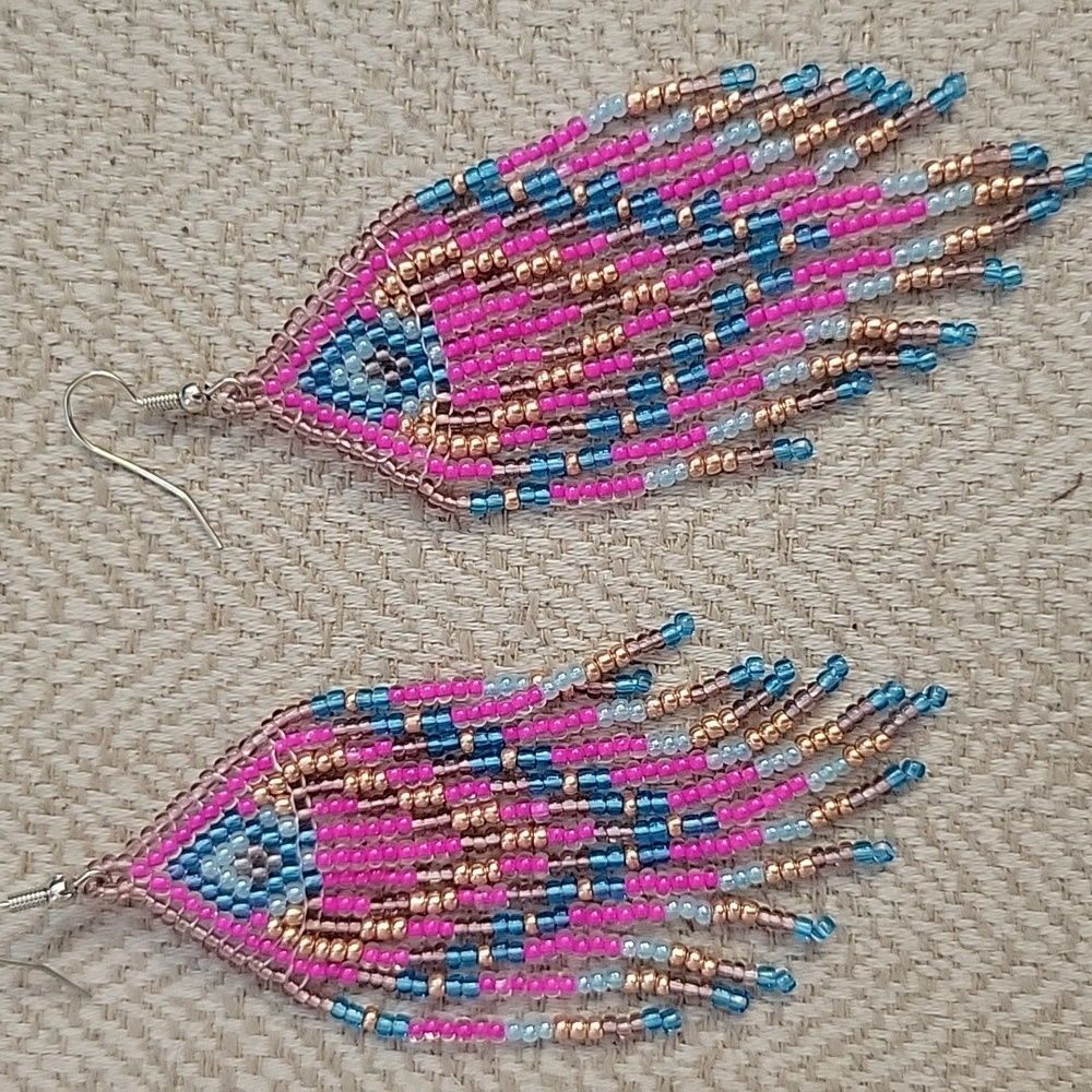 Bohemian Beaded Fringe Earrings - Pink, Blue, Gold - Picture 2 of 7